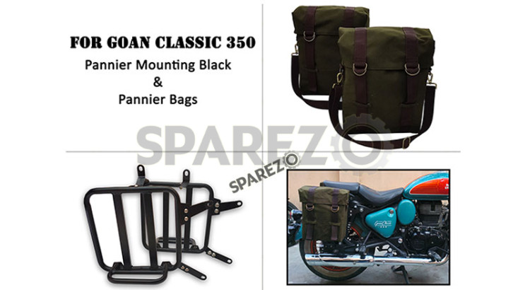 For Royal Enfield Goan Classic 350 Military Pannier Bags Olive Color and Mounting - SPAREZO For Royal Enfield Goan Classic 350 Military Pannier Bags Olive Color and Mounting - SPAREZO